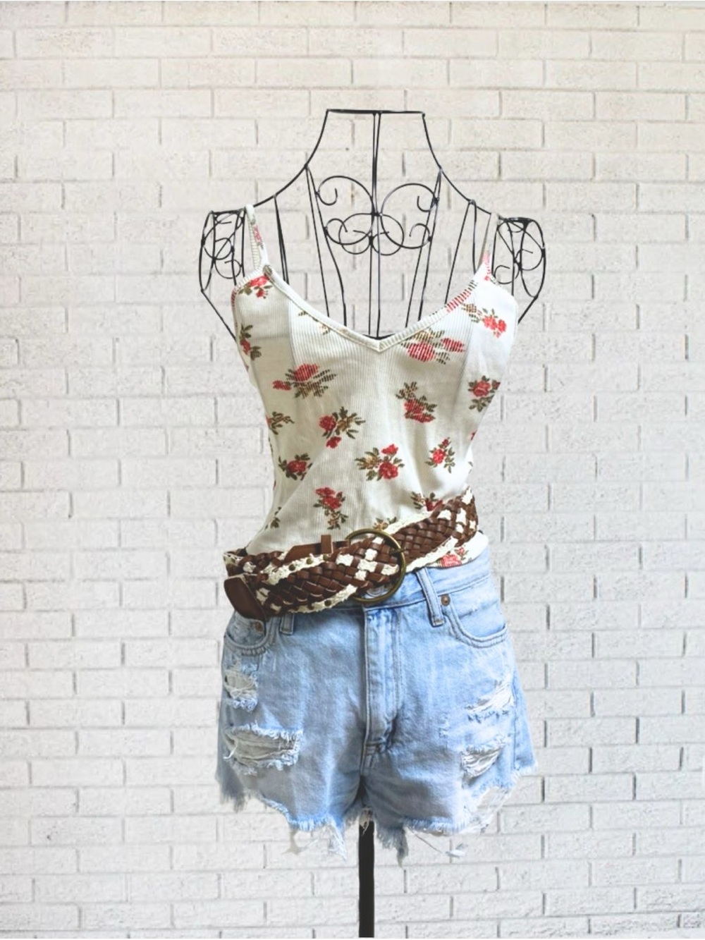 Floral Crop Top Brandy Melville Women's Small Ribbed Cotton Boho Bohemian Summer